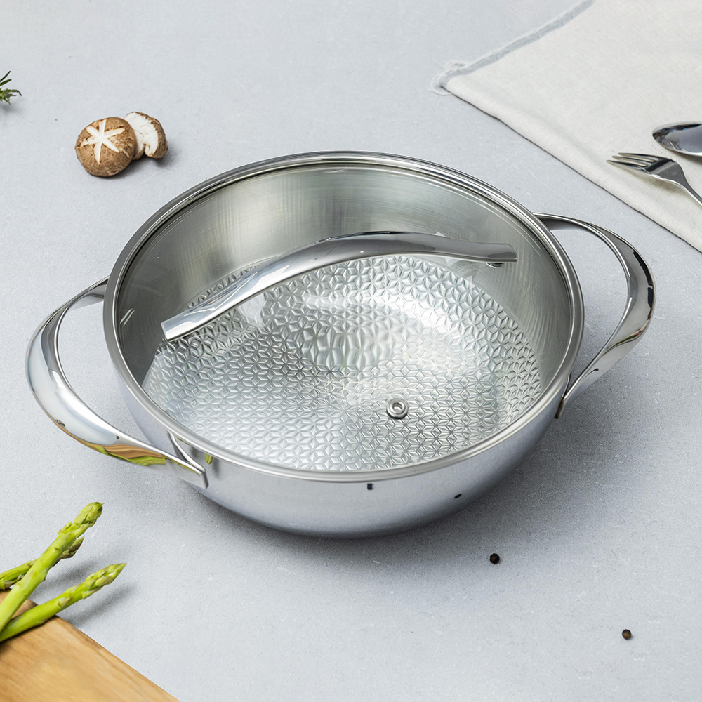 Nồi lẩu - chảo đúc inox 304 3 lớp đáy liền dập nổi Kaiyo sâu lòng 2 tay cầm vung kính size 24cm, 28cm