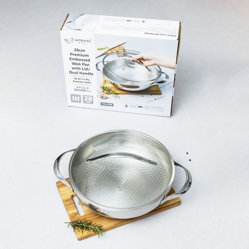 Nồi lẩu - chảo đúc inox 304 3 lớp đáy liền dập nổi Kaiyo sâu lòng 2 tay cầm vung kính size 24cm, 28cm