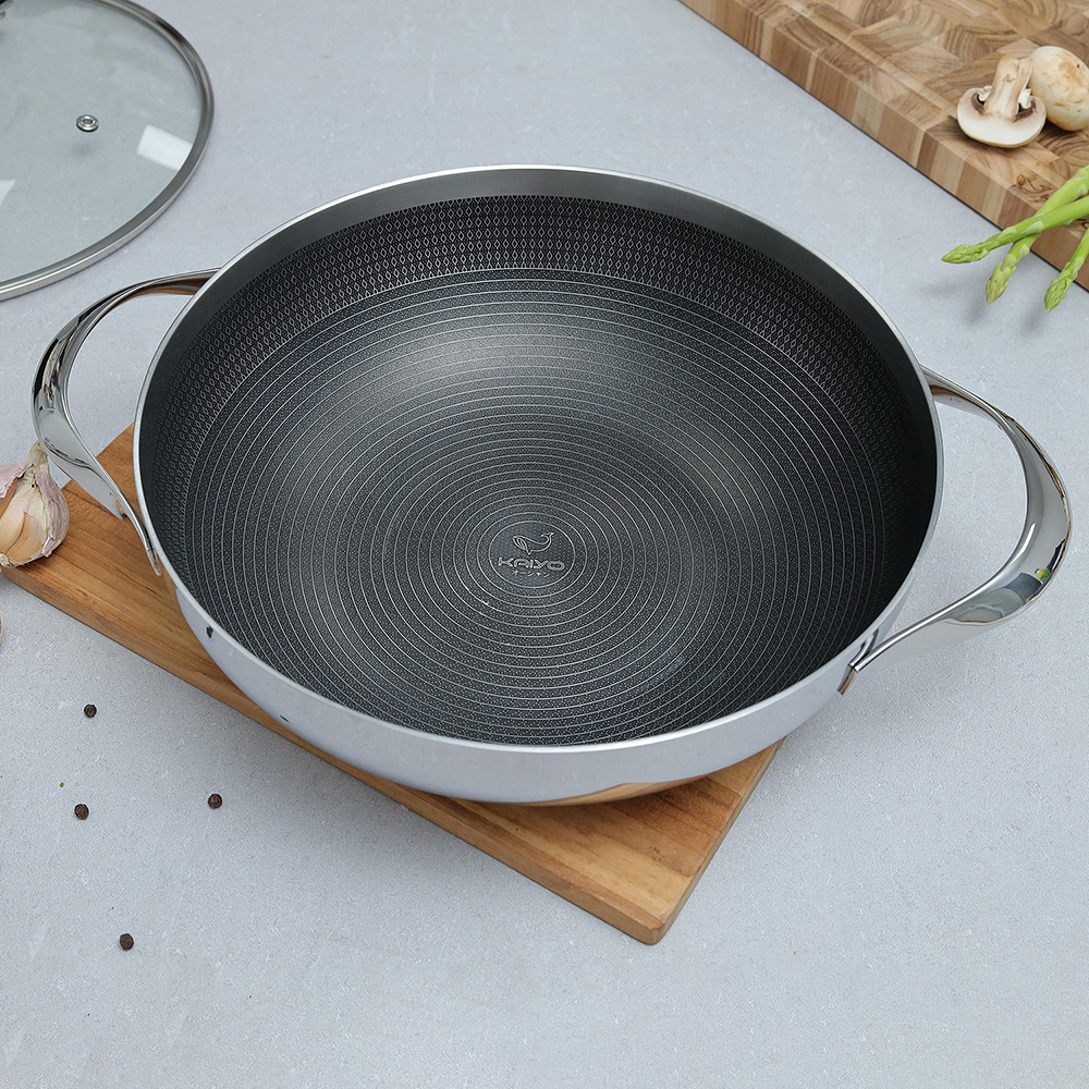 Chảo 2 tay - Nồi lẩu inox 18/10 chống dính hoa văn nổi KAIYO Quantinium Silver Crown 24cm - 28cm
