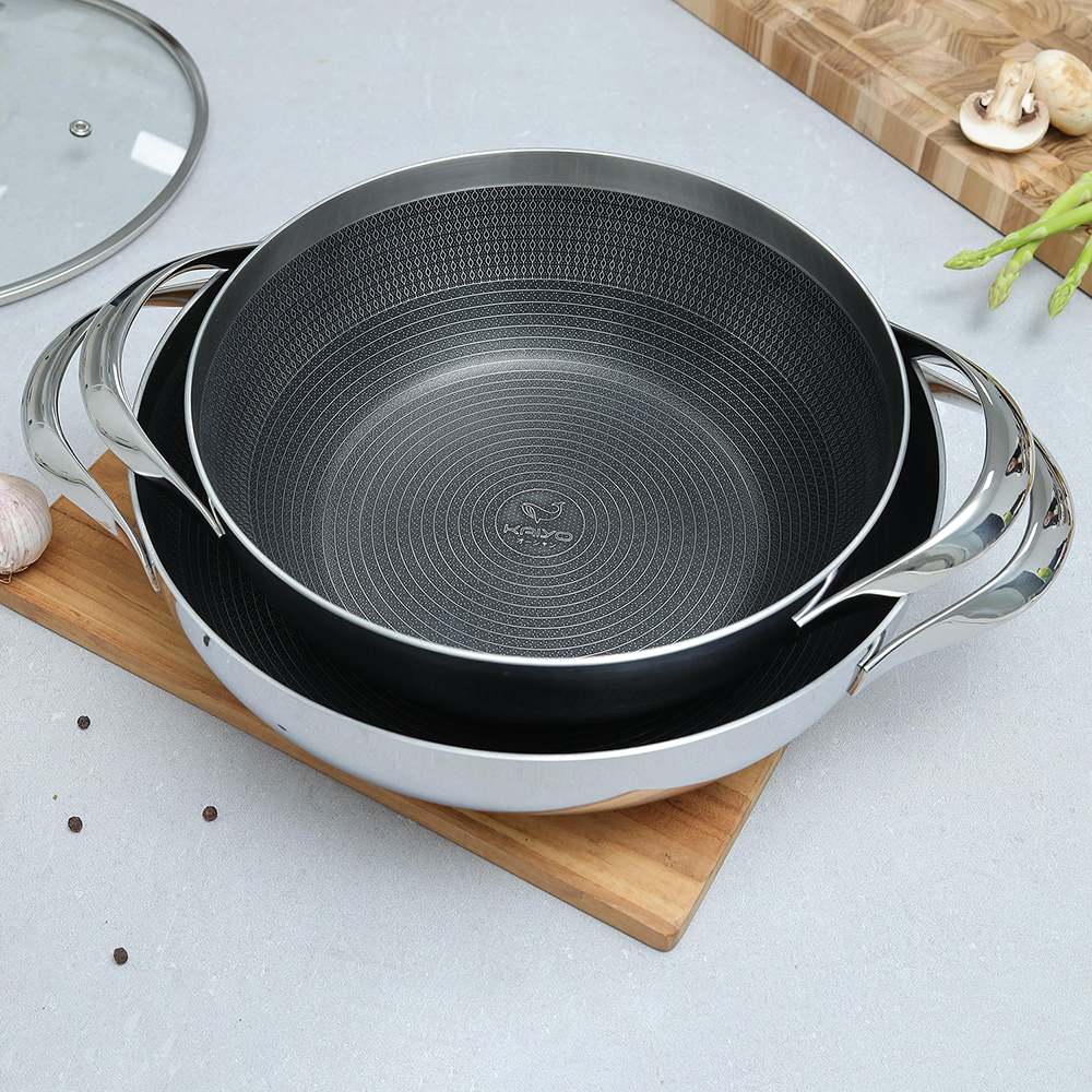 Chảo 2 tay - Nồi lẩu inox 18/10 chống dính hoa văn nổi KAIYO Quantinium Silver Crown 24cm - 28cm
