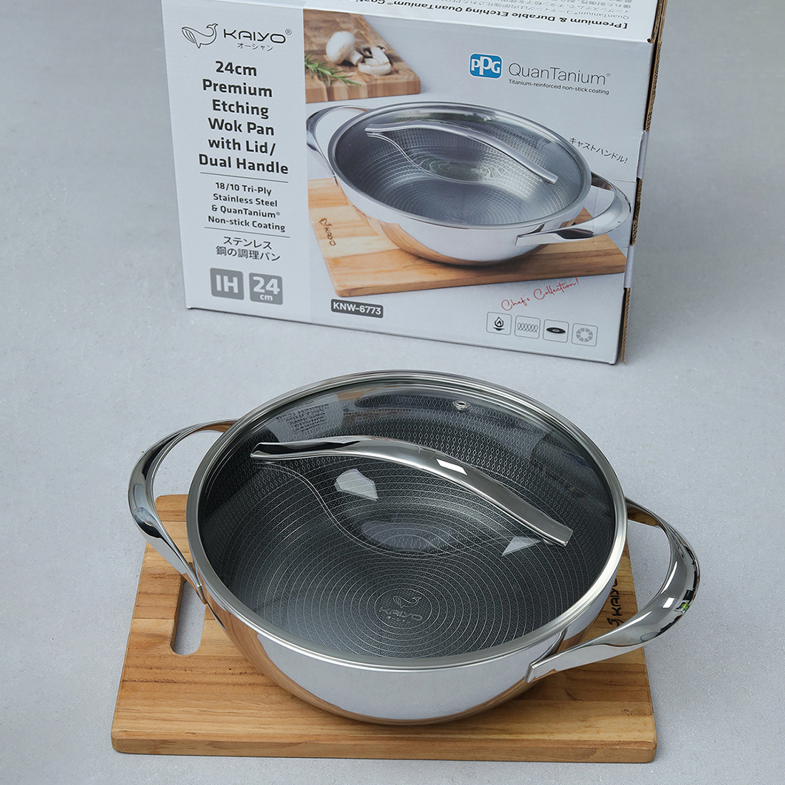 Chảo 2 tay - Nồi lẩu inox 18/10 chống dính hoa văn nổi KAIYO Quantinium Silver Crown 24cm - 28cm