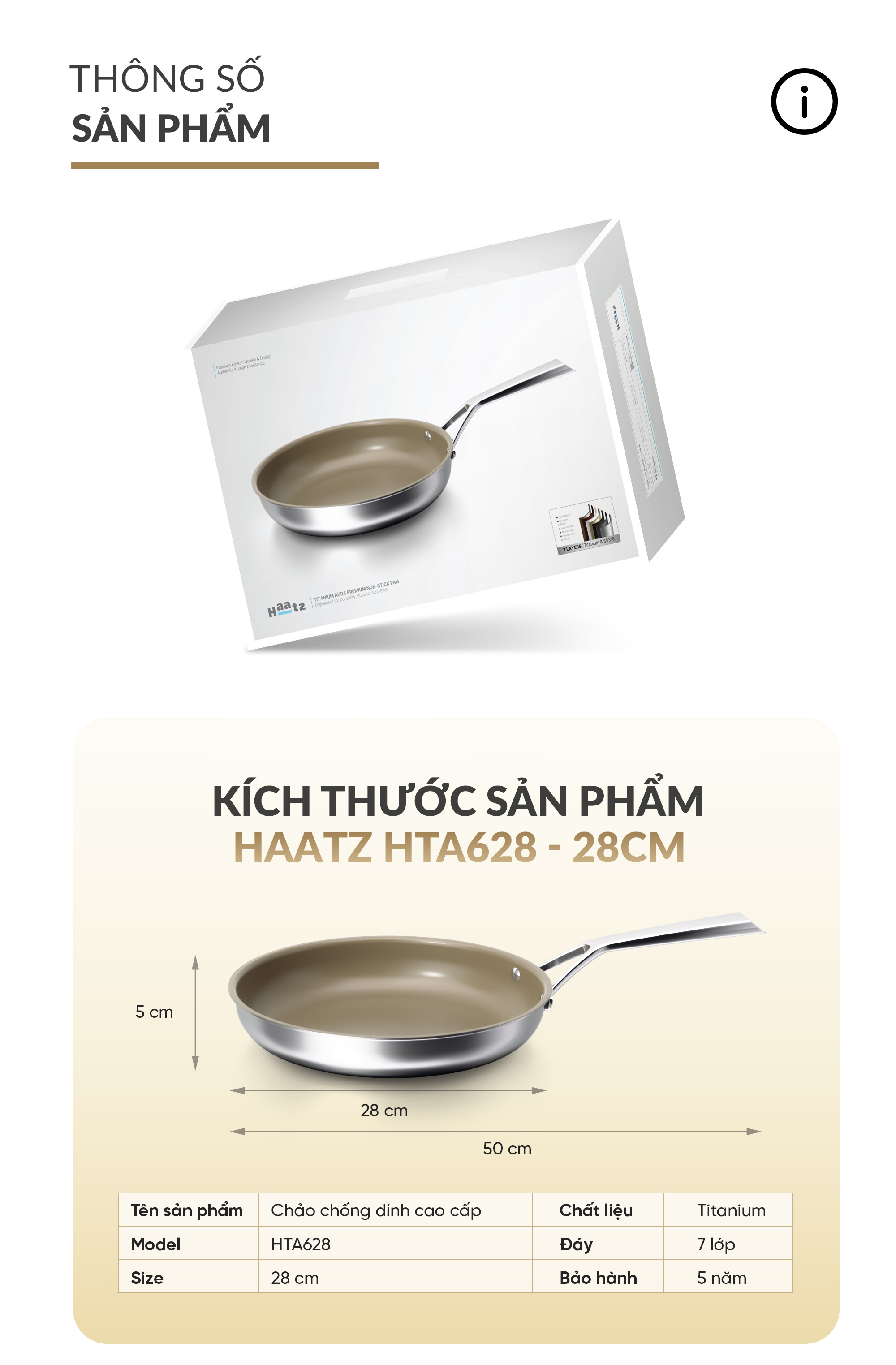 Chảo siêu chống dính Haatz Titanium Aura size 28cm cạn lòng