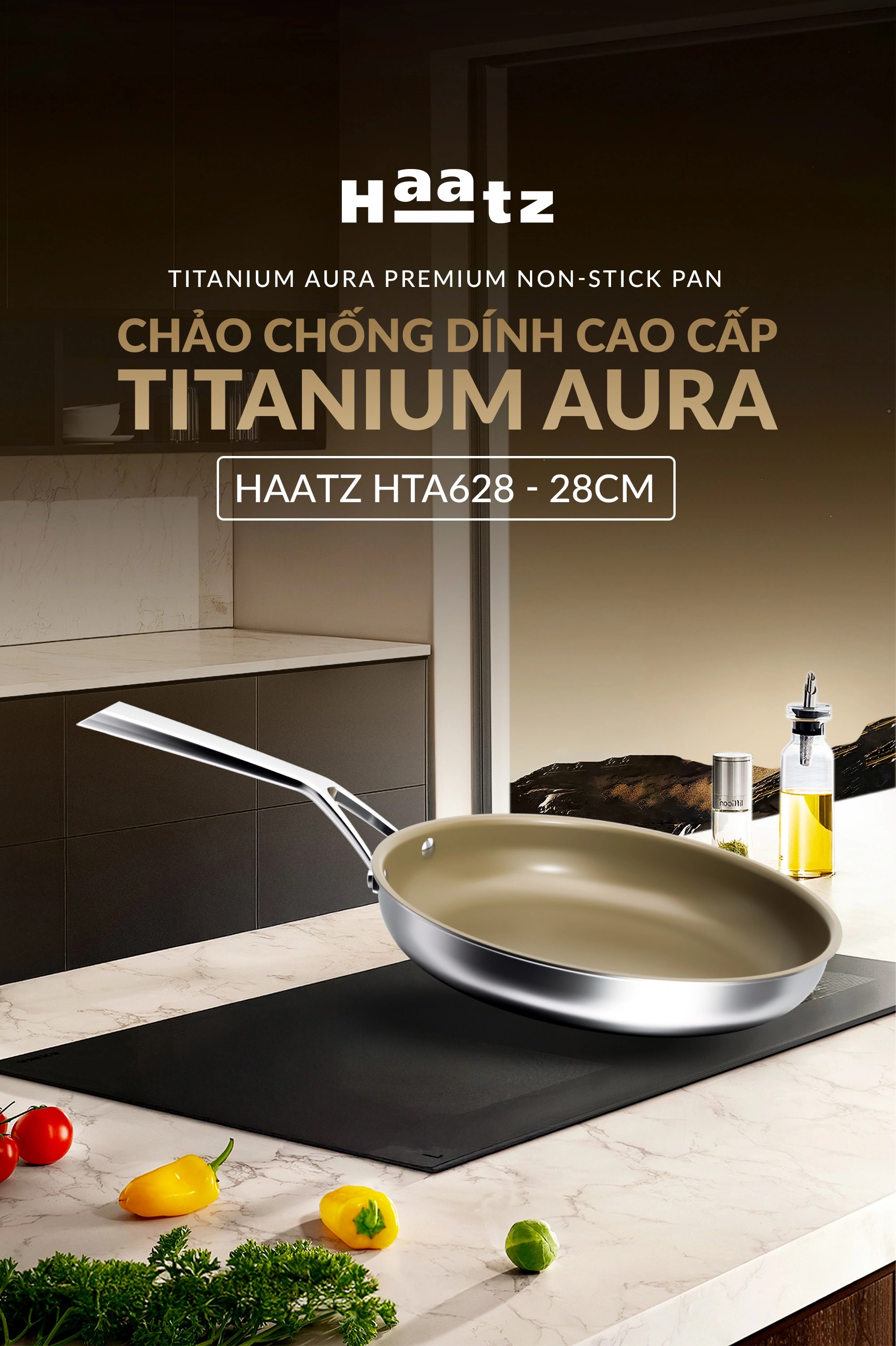 Chảo siêu chống dính Haatz Titanium Aura size 28cm cạn lòng
