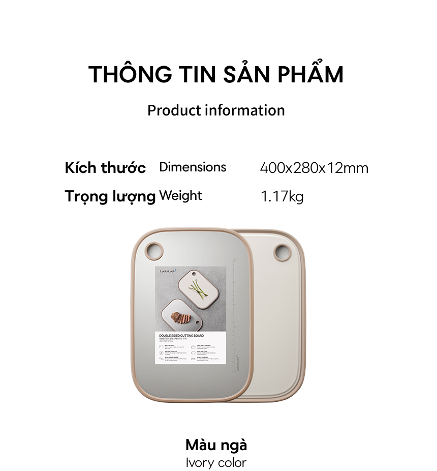 Thớt hai mặt LocknLock inox 304, nhựa PP kháng khuẩn CKD096IVY