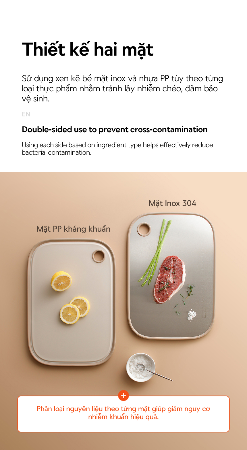 Thớt hai mặt LocknLock inox 304, nhựa PP kháng khuẩn CKD096IVY