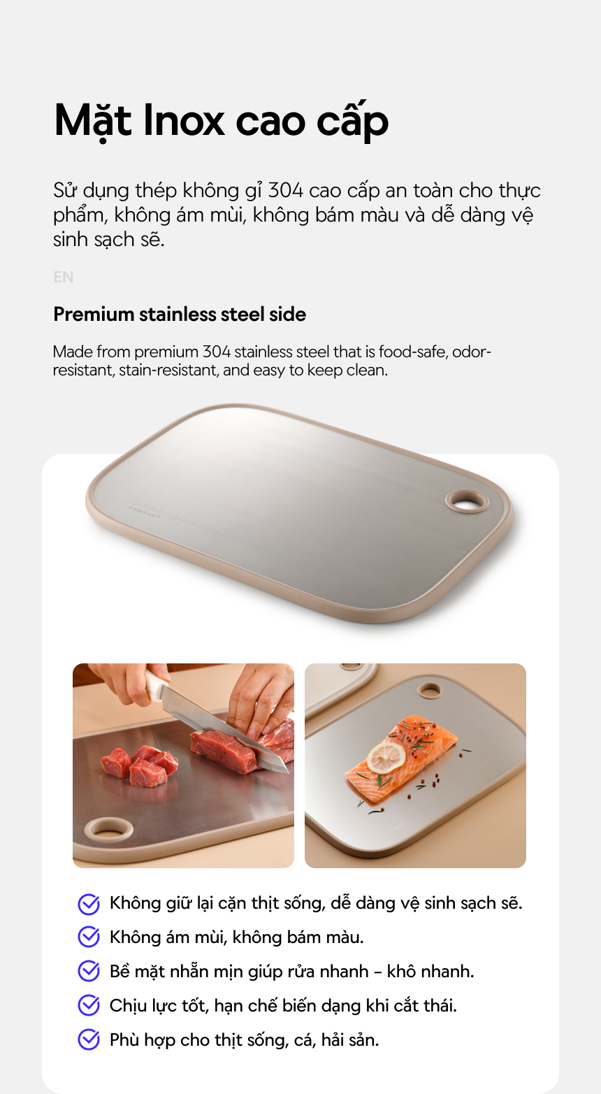 Thớt hai mặt LocknLock inox 304, nhựa PP kháng khuẩn CKD096IVY