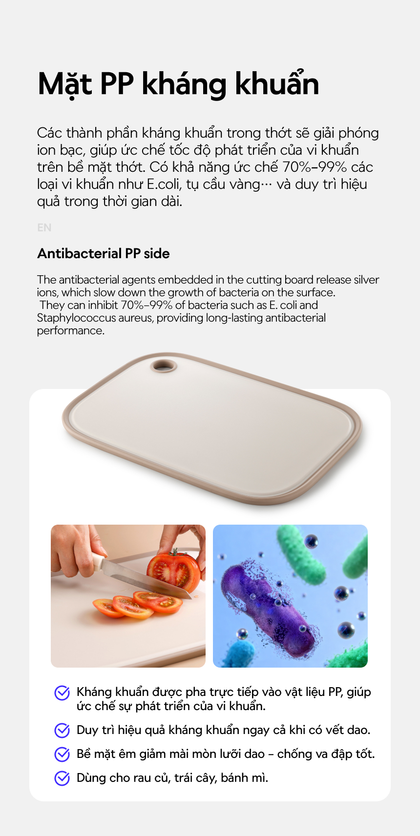 Thớt hai mặt LocknLock inox 304, nhựa PP kháng khuẩn CKD096IVY