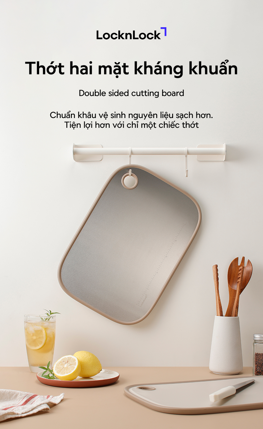 Thớt hai mặt LocknLock inox 304, nhựa PP kháng khuẩn CKD096IVY