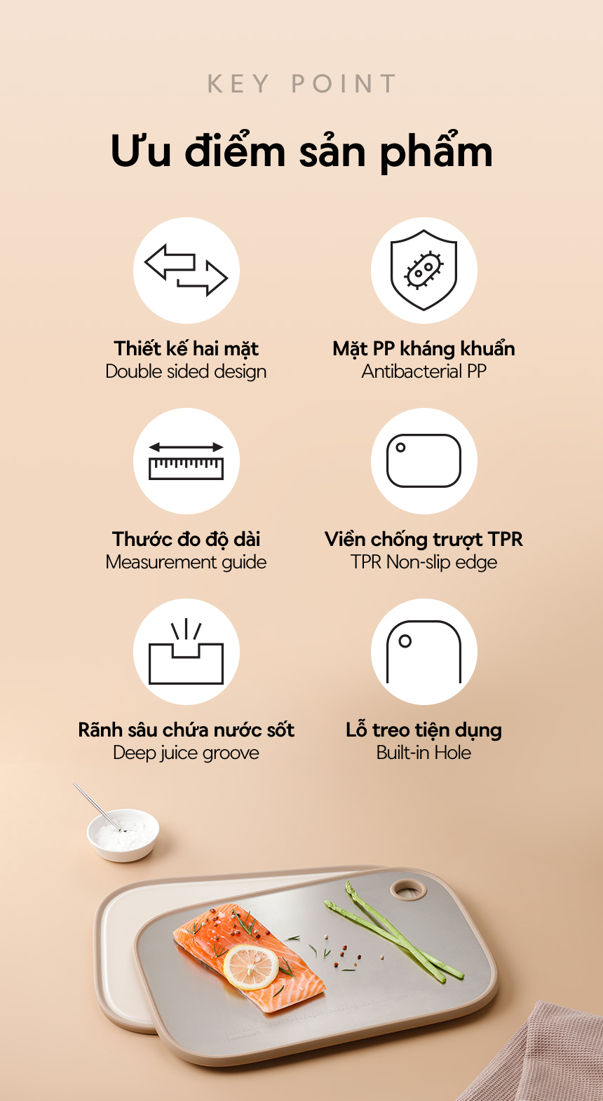 Thớt hai mặt LocknLock inox 304, nhựa PP kháng khuẩn CKD096IVY