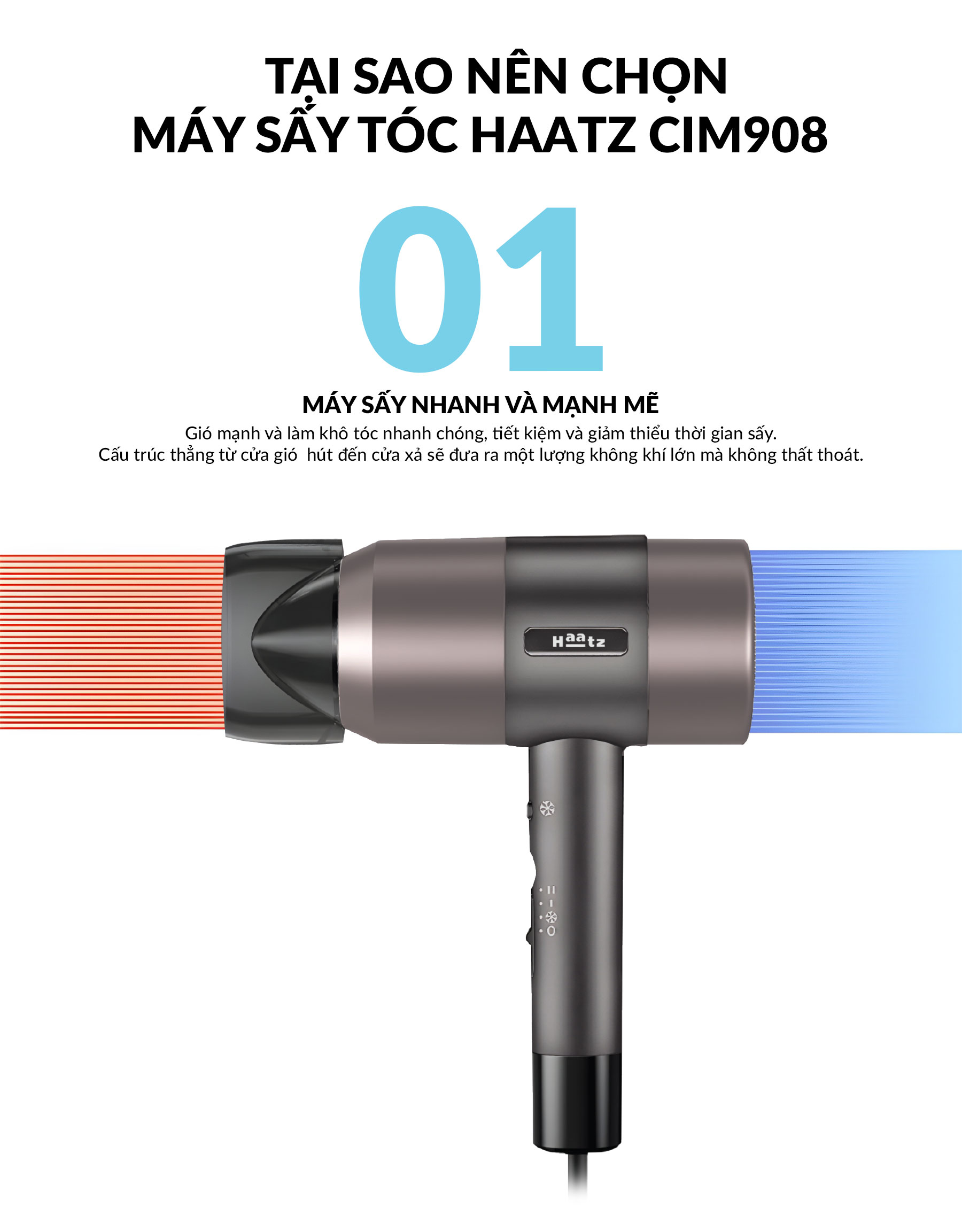 Máy Sấy Tóc HAATZ CIM908 Sấy Tóc 2 Chiều Nóng Lạnh