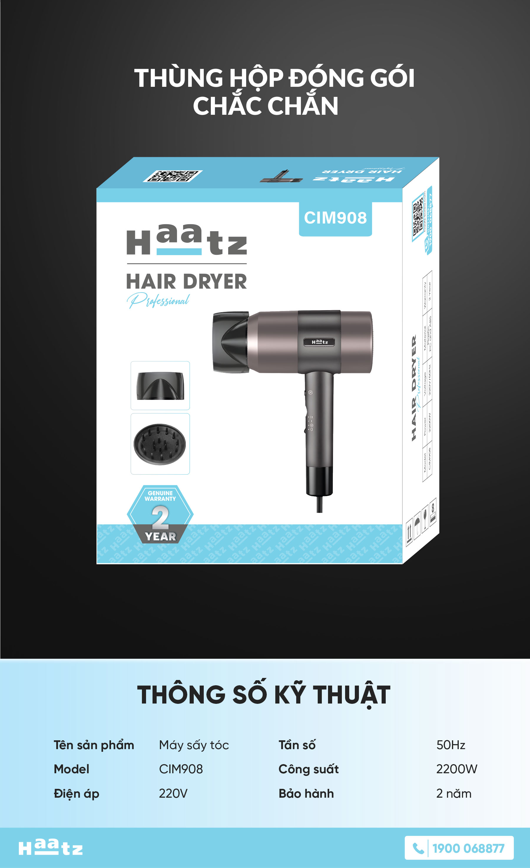 Máy Sấy Tóc HAATZ CIM908 Sấy Tóc 2 Chiều Nóng Lạnh