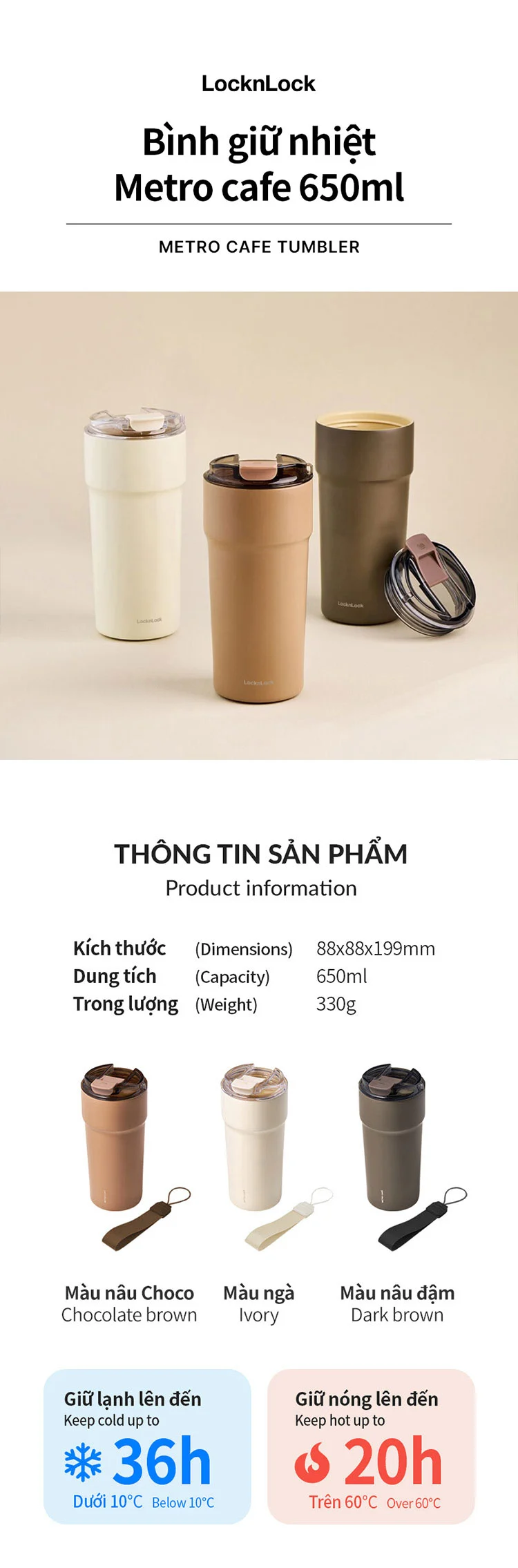 Bình giữ nhiệt LocknLock Metro Cafe LHC4359 - 650ml | LHC4357 - 500ml lòng phủ sứ giữ nguyên hương vị đồ uống