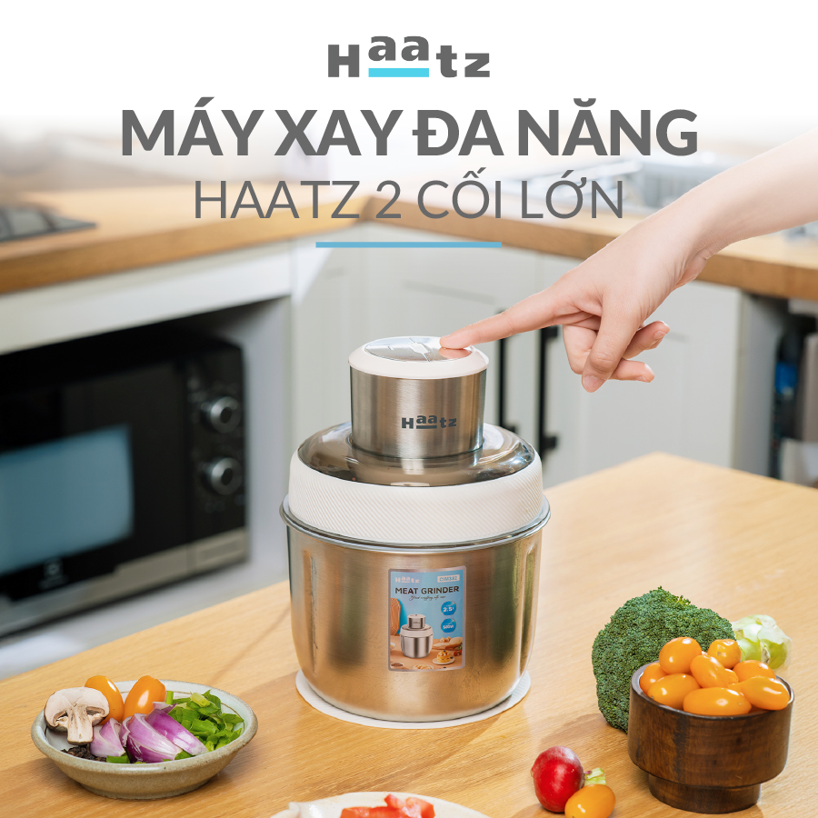 Máy xay đa năng HAATZ CIM382 gồm 2 cối xay inox 304 kèm phụ kiện đánh ruốc