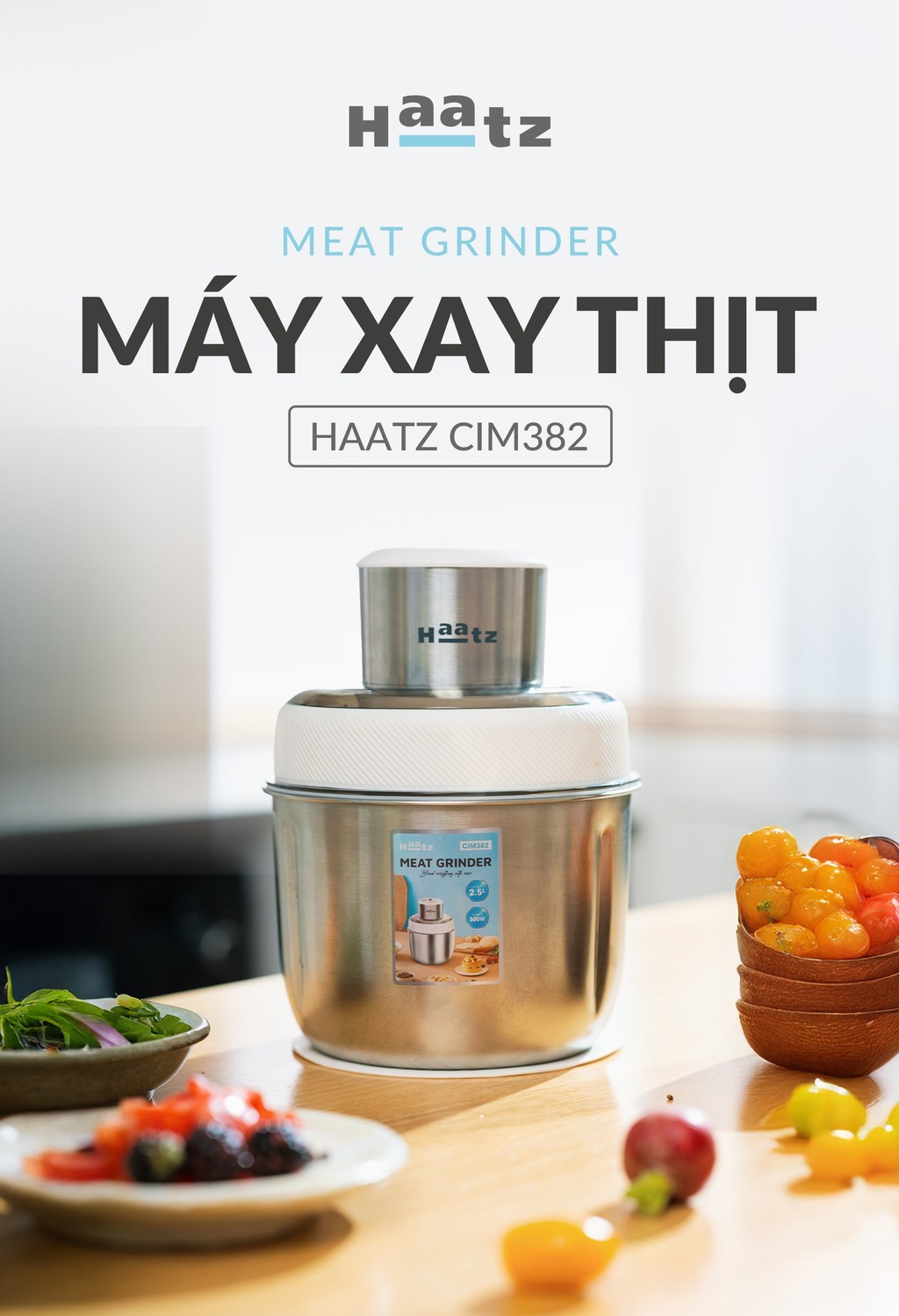 Máy xay đa năng HAATZ CIM382 gồm 2 cối xay inox 304 kèm phụ kiện đánh ruốc