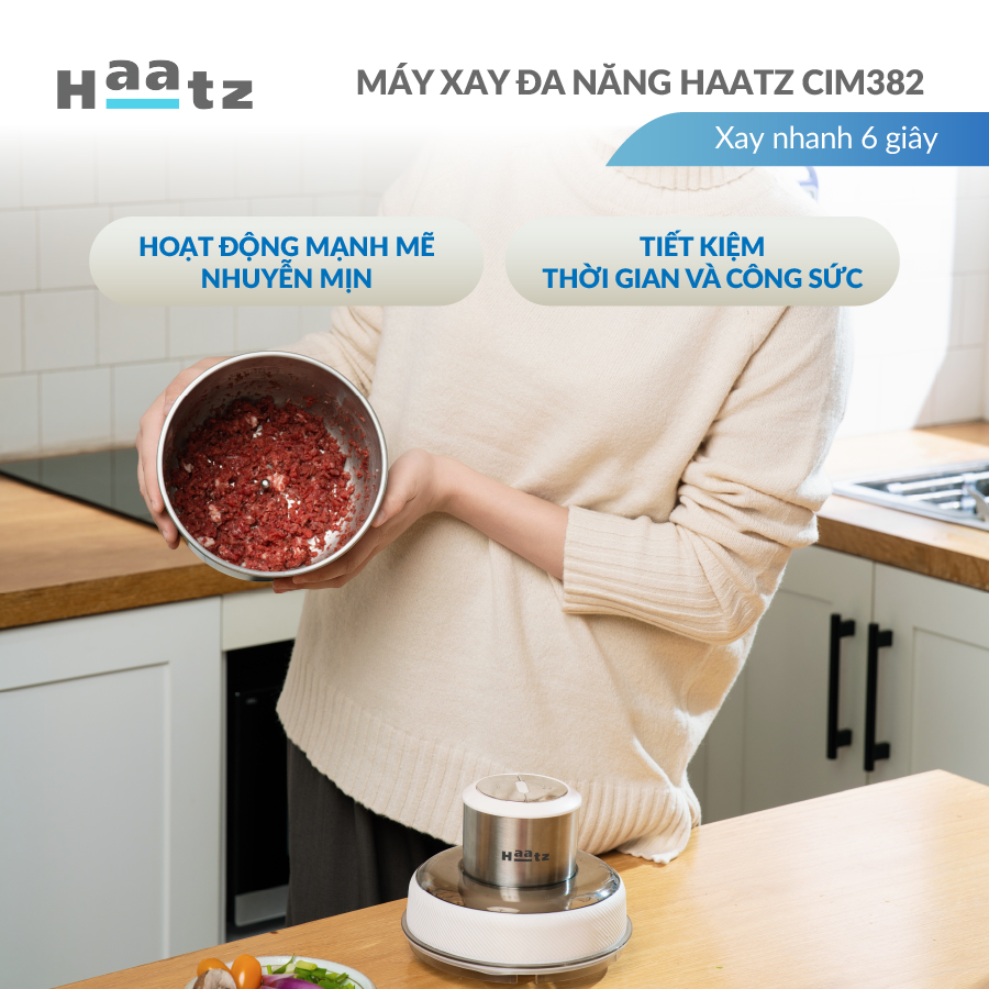Máy xay đa năng HAATZ CIM382 gồm 2 cối xay inox 304 kèm phụ kiện đánh ruốc