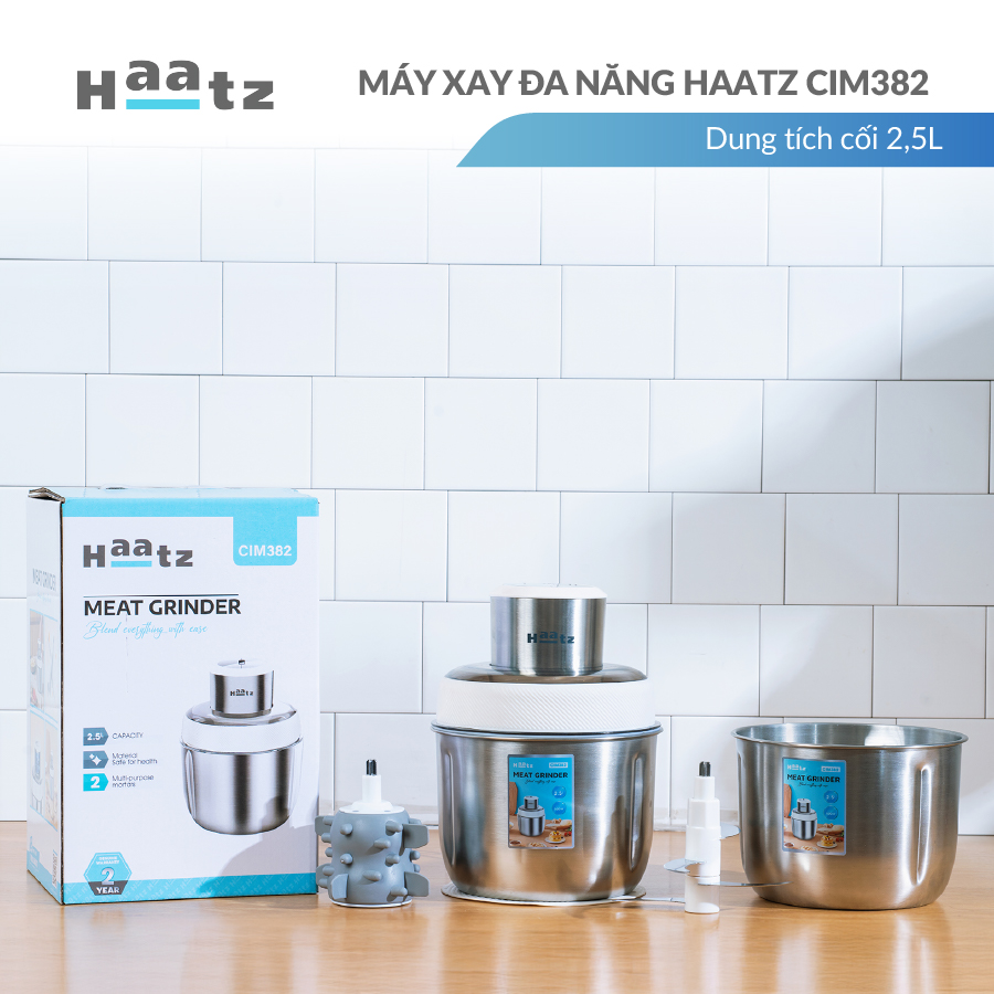Máy xay đa năng HAATZ CIM382 gồm 2 cối xay inox 304 kèm phụ kiện đánh ruốc