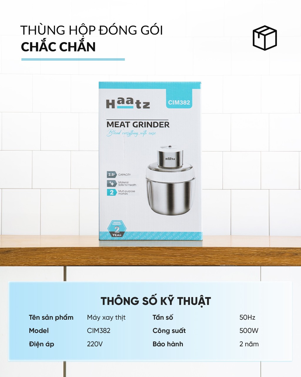 Máy xay đa năng HAATZ CIM382 gồm 2 cối xay inox 304 kèm phụ kiện đánh ruốc