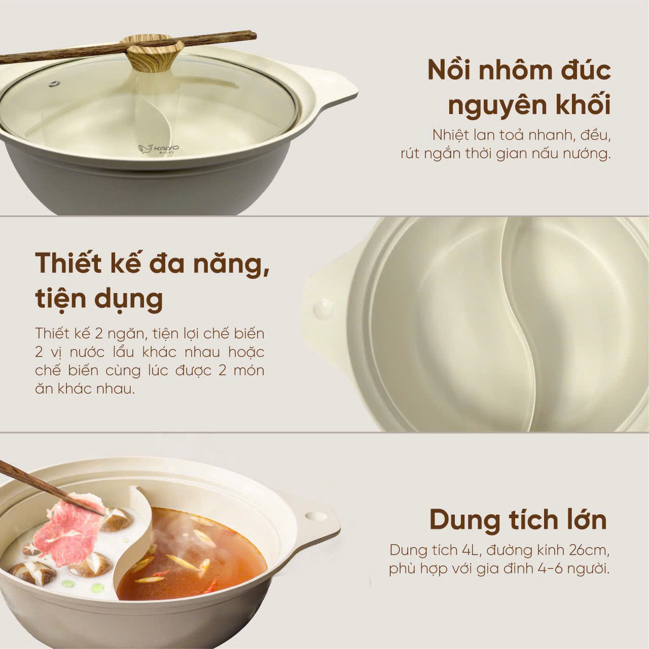 Nồi lẩu nhôm đúc nguyên khối 2 ngăn Kaiyo