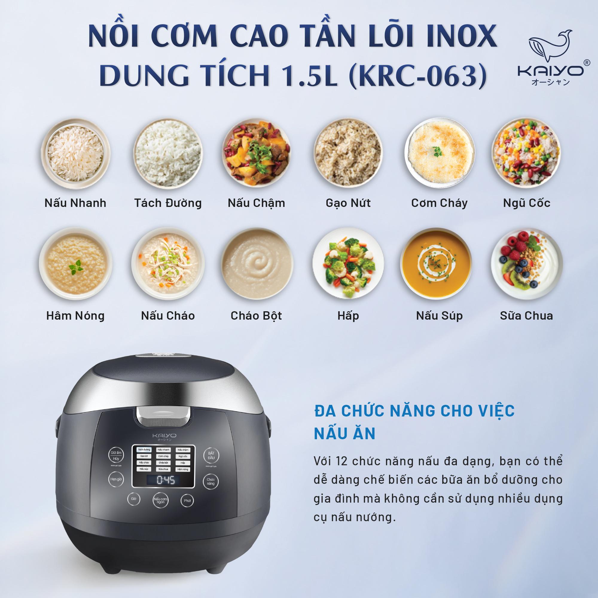 Nồi cơm cao tần lòng nồi inox 304 Kaiyo dung tích 1,5L kèm chức năng nấu tách đường KRC-063