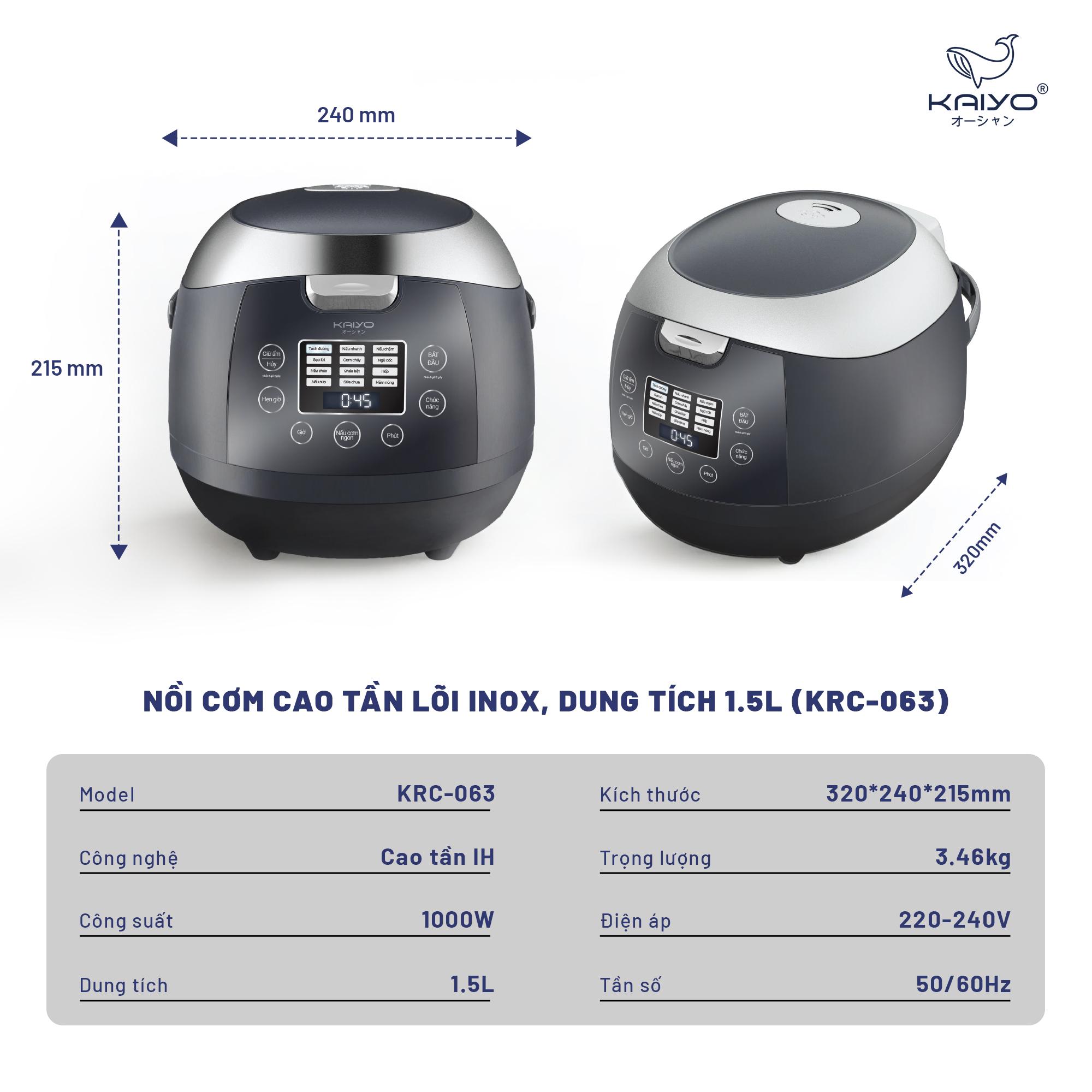 Nồi cơm cao tần lòng nồi inox 304 Kaiyo dung tích 1,5L kèm chức năng nấu tách đường KRC-063