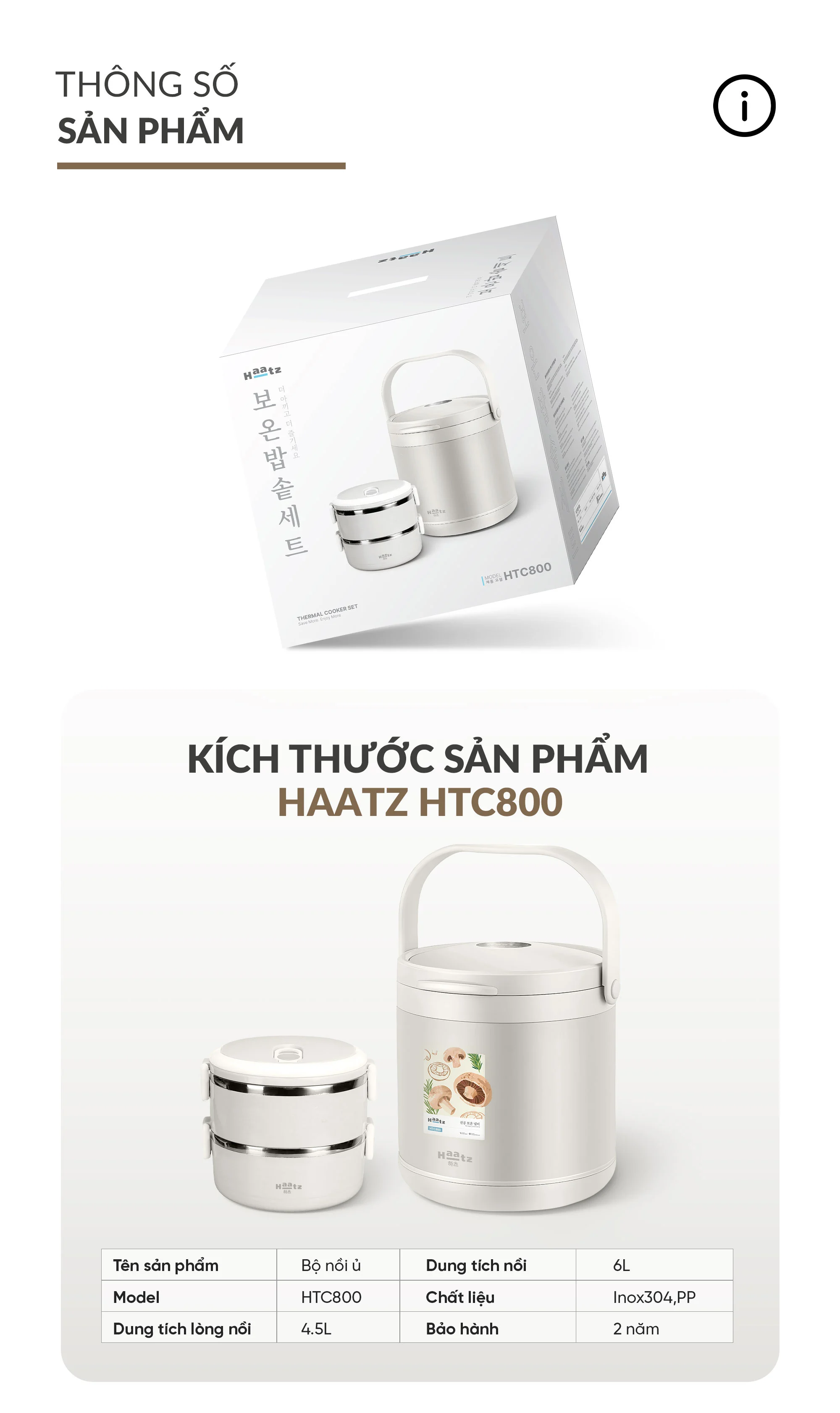 Nồi ủ chân không Haatz HTC800 tiết kiệm nhiên liệu, đun nấu an toàn và dinh dưỡng 4.5 lít tặng cặp lồng - Free ship