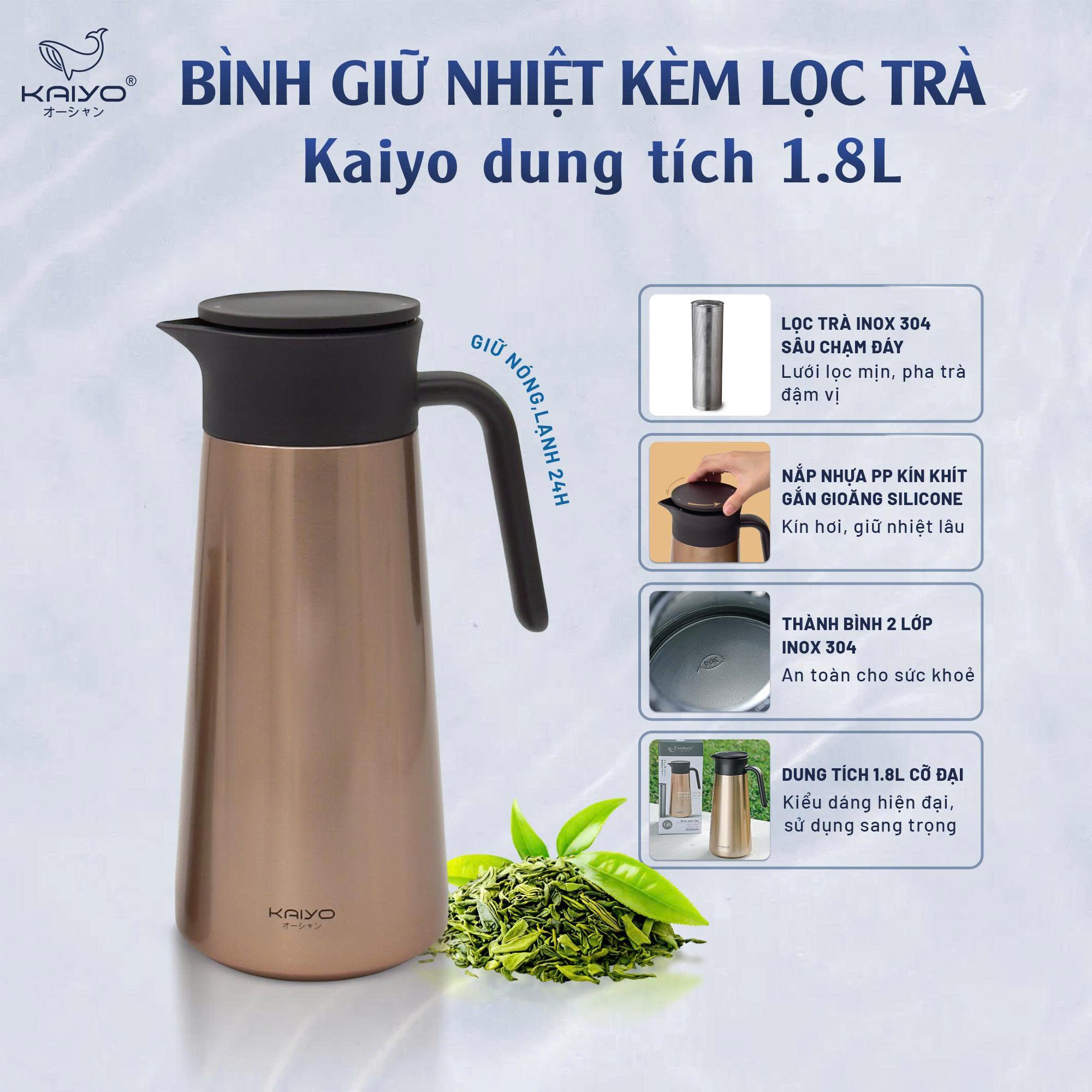 Bình giữ nhiệt kèm lọc trà Kaiyo dung tích 1.8L thành bình 2 lớp inox 304