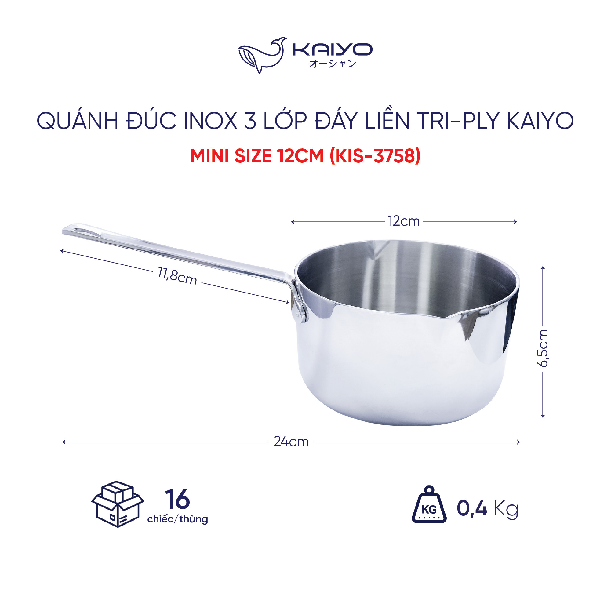 Quánh đúc inox 3 lớp đáy liền Tri-Ply Kaiyo mini size