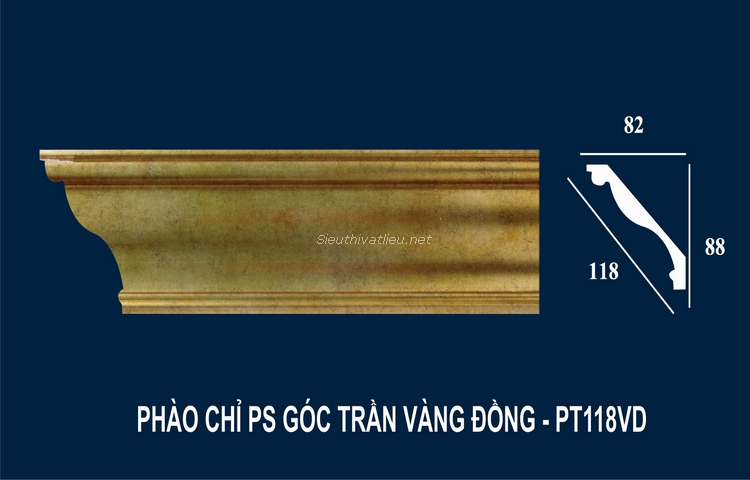 Phào chỉ PS góc trần vàng đồng PT118VD