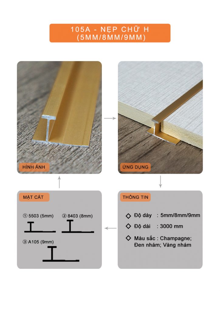 Nẹp nhôm chữ H tấm ốp than tre 8 mm - Màu vàng