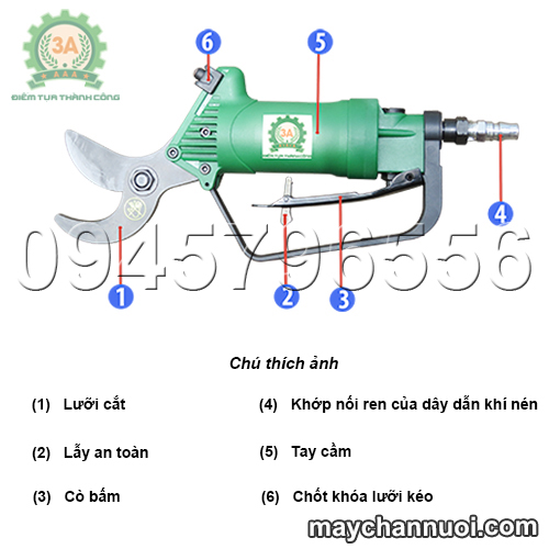 Cấu tạo chính của dụng cụ cắt cành cầm tay 3A (loại sử dụng khí nén)