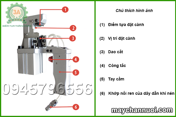 Cấu tạo chính của dụng cụ ghép cành cầm tay 3A (loại sử dụng khí nén)