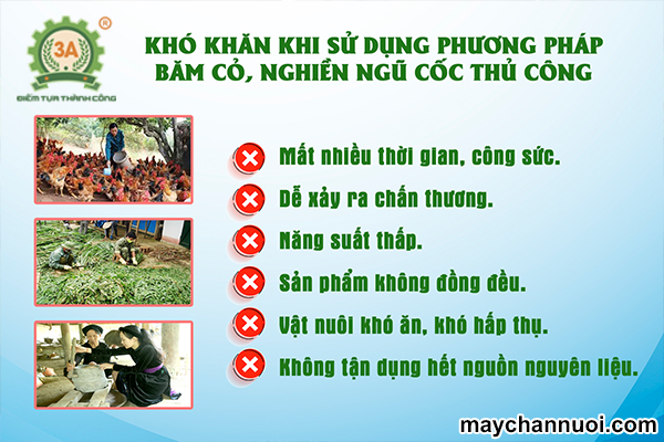 Những khó khăn bà con thường gặp phải khi sử dụng các phương pháp thủ công để chế biến thức ăn cho vật nuôi: