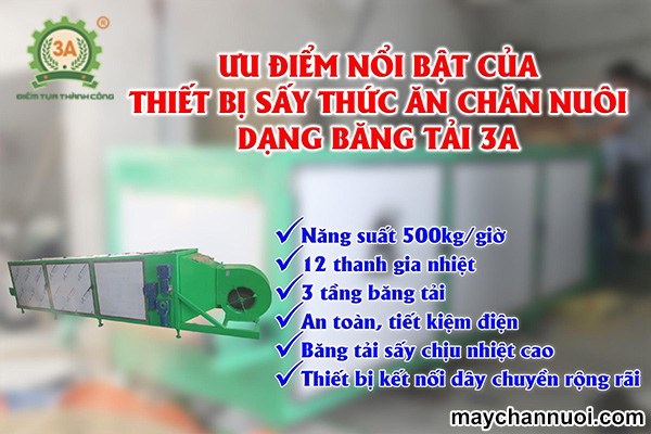 Thiết bị sấy thức ăn chăn nuôi dạng băng tải 3A có đặc điểm gì nổi bật?