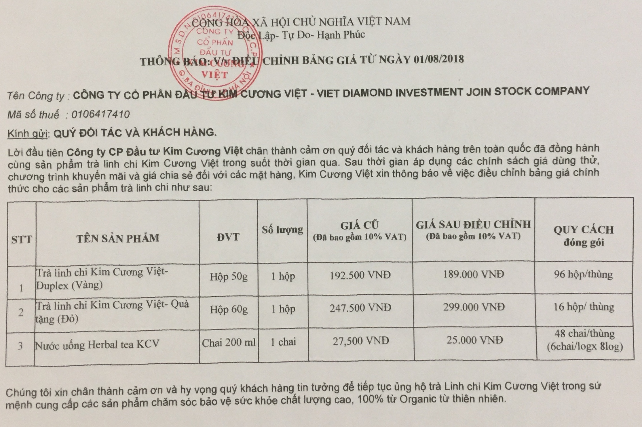 Thông báo điều chỉnh giá