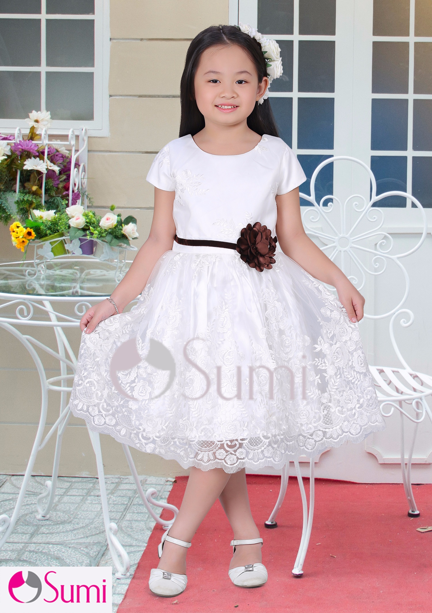 ĐẦM CÔNG CHÚA CAO CẤP SUMI REN HOA MÀU TRẮNG
