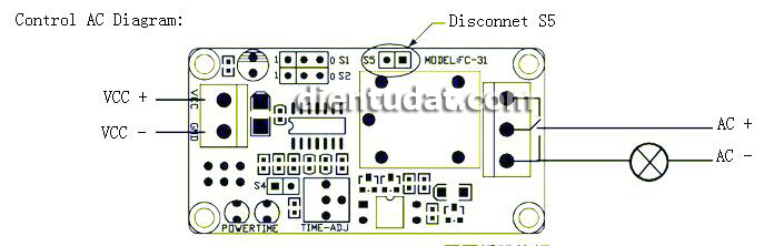 Sơ đồ lắp đặt Mạch Tạo Trễ 2 Chế Độ Đóng Ngắt Relay 0.13 - 3700 Giây