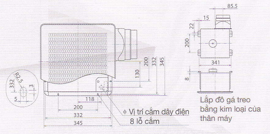 Kích thước của quạt hút âm trần nối ống VD-20ZP4T3