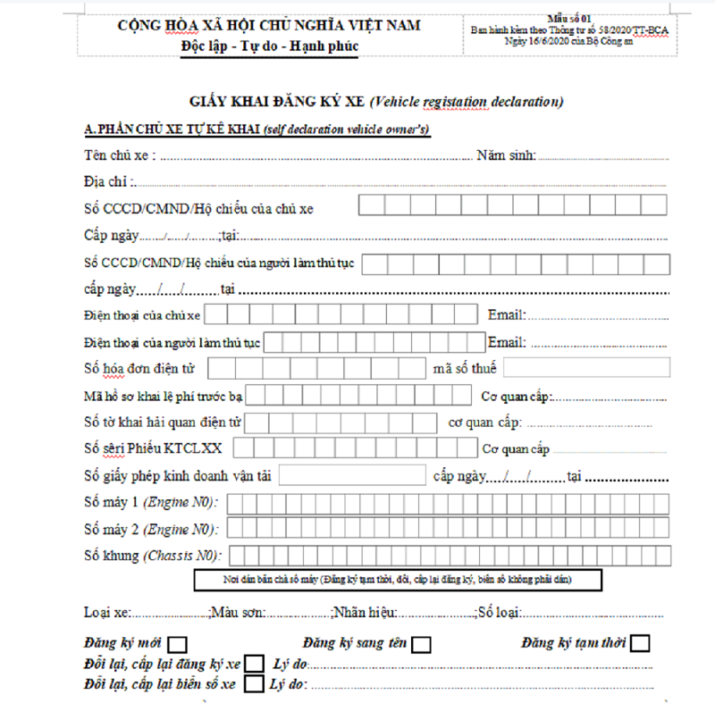 Giấy khai đăng ký xe