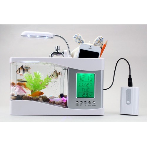Bể cá mini tích hợp đèn led, đồng hồ, lọc nước, hộp đựng bút