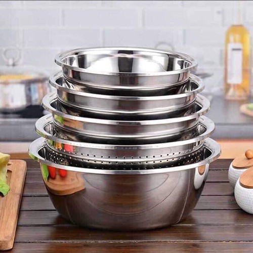 Bộ đồ dùng nhà bếp 5 món bằng inox size 18 - 26cm - Bộ thau inox, bộ rổ inox