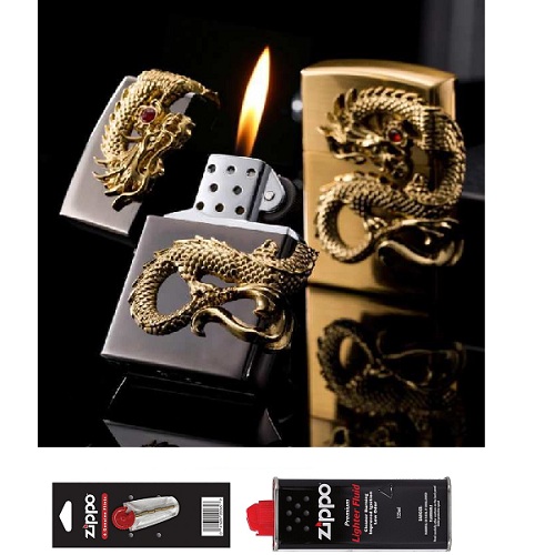 Combo Zippo khắc RỒNG tặng Đá + Bình Châm