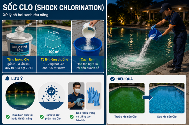 Khi nước hồ bơi bị xanh rêu nặng, cần sốc Clo để khiến nước trong trở lại