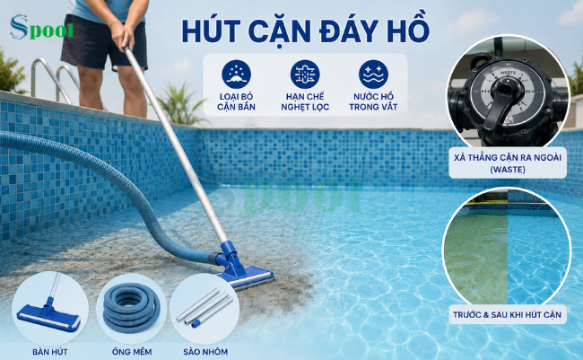 Sau khi hoàn thành các bước xử lý phía trên, bạn cần hút cặn đáy hồ bơi để nước trong vắt trở lại