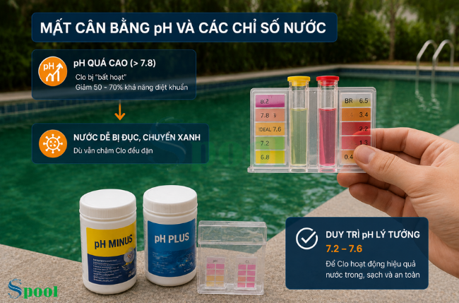 Độ pH của nước hồ bơi cần duy trì ở mức 7.2 - 7.6