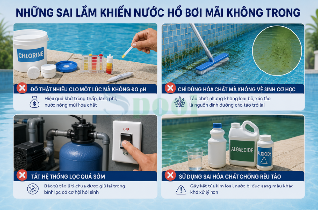 Một số sai lầm khi xử lý khiến nước hồ bơi mãi không trong
