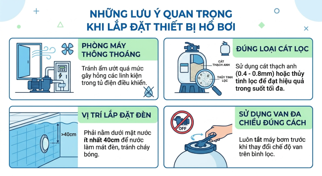 Một số lưu ý quan trọng khi lắp đặt thiết bị hồ bơi