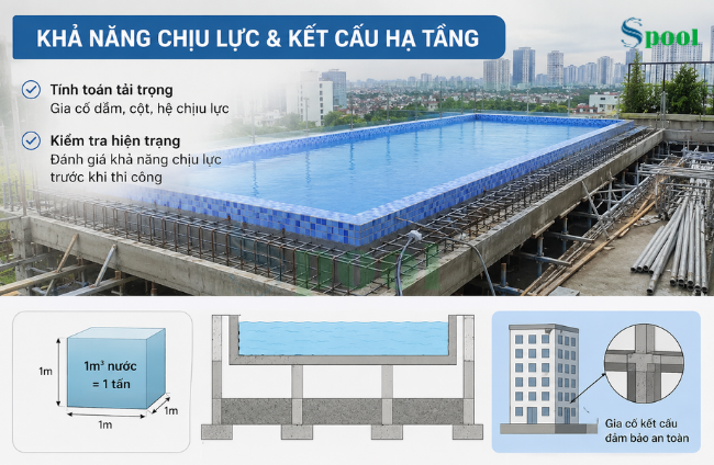Khi xây dựng hồ bơi trên sân thượng, chủ đầu tư cần tính toán kỹ khả năng chịu lực và kết cấu hạ tầng của công trình