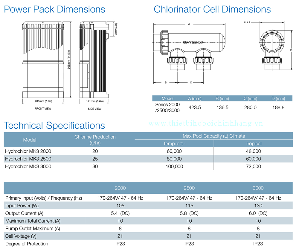 thông số kỹ thuật bộ điện phân muối Waterco