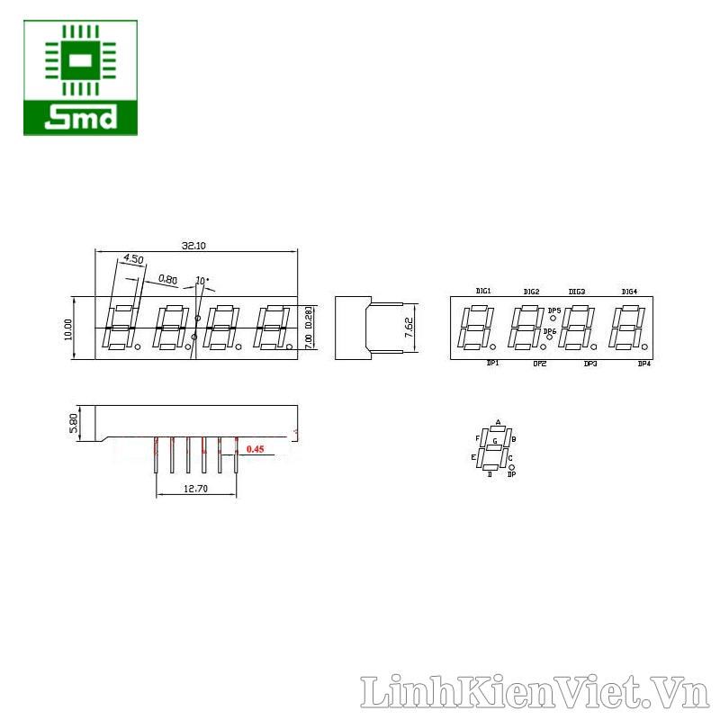 nguyên lý Led 7 thanh đồng hồ 0.28 x4 Dương chung (RED) 