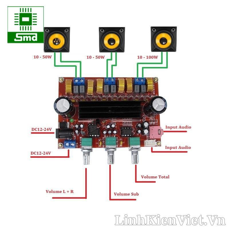 sơ đồ kết nối Mạch khuếch đại âm thanh classD 2.1 2x50W + 100W TPA3116D2